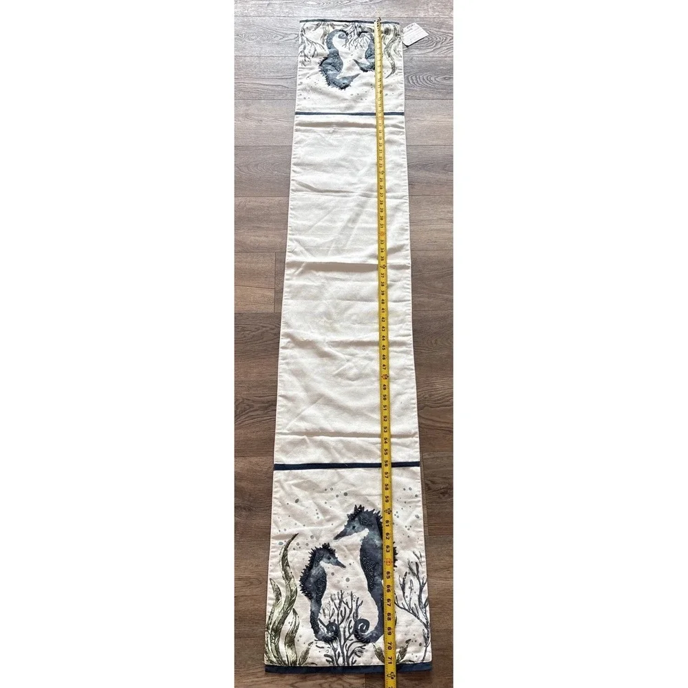 Vintage Pier 1 Imports 13x72 Beaded Table Runner Ocean Seahorse Blue And Cream